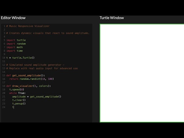 Python Code for Music Responsive Visualizer - Creates dynamic visuals that react to sound amplitude.