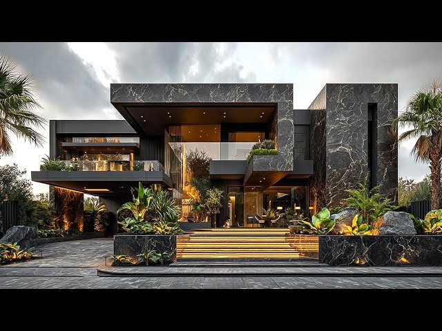 Exploring a High-Contrast Luxury Mansion Built with Dark Stone, Golden Lighting, and Modern Elegance