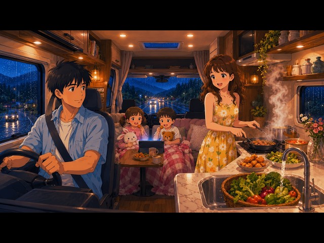 🌧️ Rainy RV Surf & Camping Adventure | Cozy Family Meals, Seafood Town & Slow Living Ghibli ASMR 🚐
