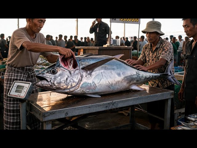Fresh Tuna Slicing Process for Seafood Lovers 🐠🔥