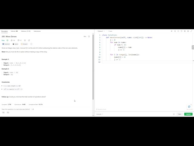 Apple Interview Question -Move Zeroes - Leetcode 283- Python