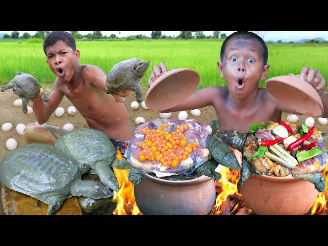 Primitive technology - Cooking turtle laying share for eat - Eating show