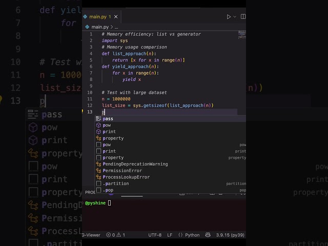 Python Memory Efficiency with YIELD & LIST  in 58 seconds! ⚡️ #shorts