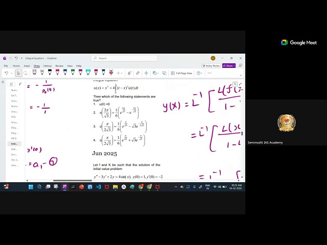 Semmozhi IAS Academy - Maths - Integral Equations CSIR PYQ - Class 7