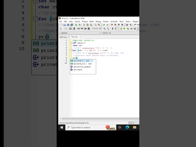 C Program to Display Characters from A to Z#Code:Blocks
