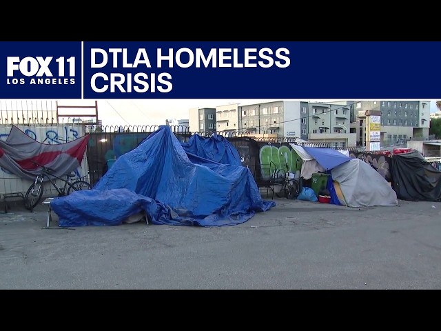 Downtown LA post office surrounded by trash, homeless encampments