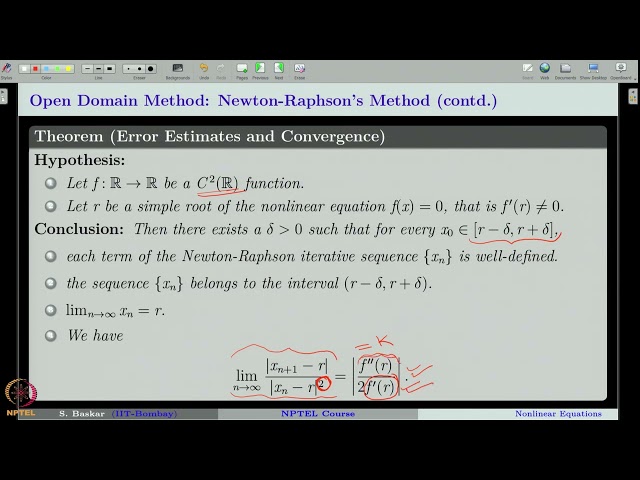 Week 7 : Lecture 33 : Nonlinear Equations: Newton-Raphson's method (Convergence Theorem)