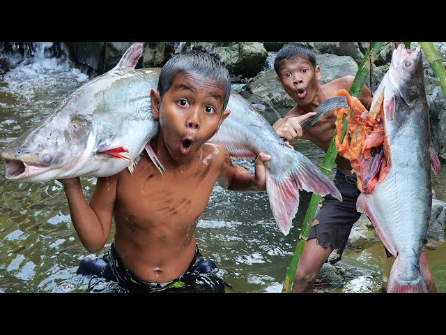 Primitive Technology - Catch big fish at waterfall cooking share for eat - Eating show