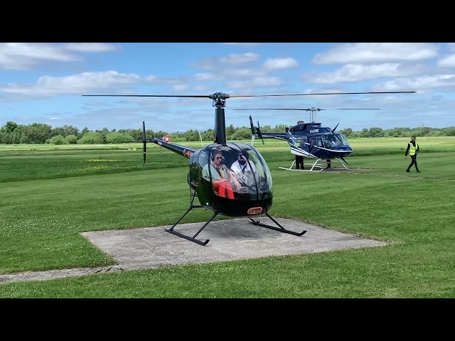 Robinson R22 Helicopter Startup and Takeoff - 1st Lesson - including visit from a Bell Long Ranger.