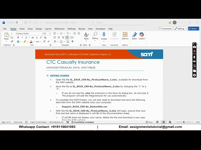 Illustrated Excel 2019 | Modules 5-8: SAM Capstone Project 1a CTC Casualty Insurance