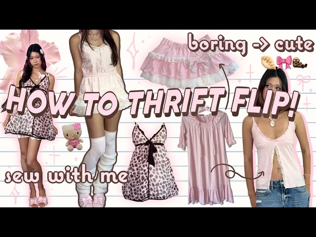 THRIFT FLIP WITH ME 🎀🥥 babydoll top tutorial, dolly skirt, take clothes from BORING to CUTE ໒꒱ིྀ