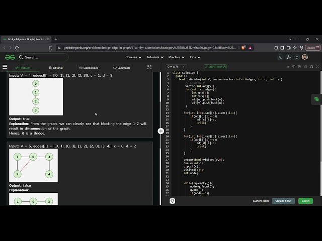 Bridge Edge in a Graph | GFG Solution in C++ | BFS and Bridge Detection Explained