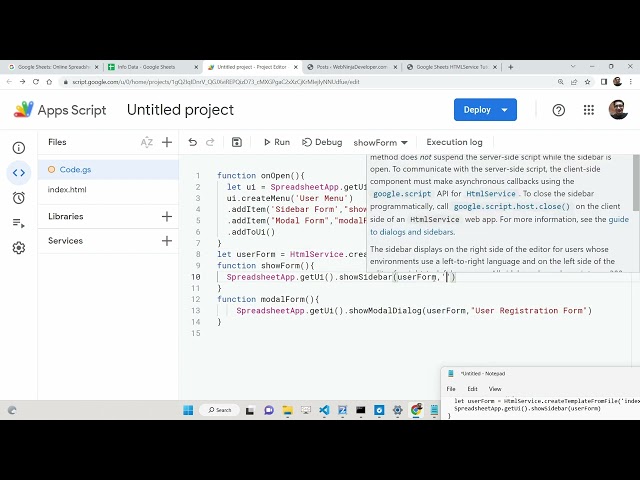 Google Sheets HTMLService Tutorial to Show Sidebar Modal Dialog Form in Google Sheets in App Script