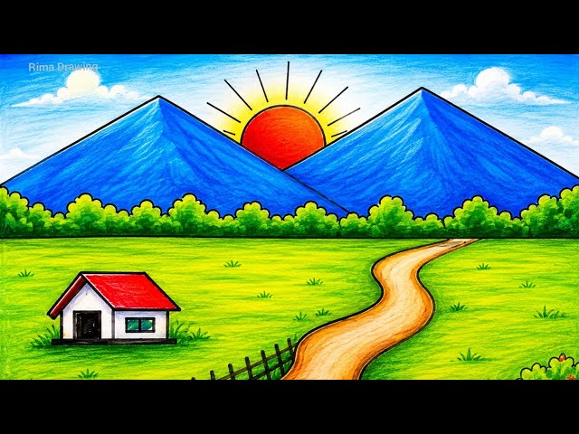 Easy Village Scenery Drawing Step by Step | Simple Nature Landscape Drawing Tutorial