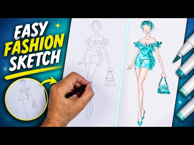 How to Draw a Turquoise Ruffled Dress | Step by Step Sketching Guide | SSM Fashion