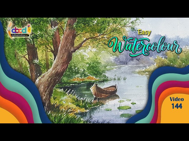 How to Create Beautiful Watercolor Landscape Painting | Peaceful River Scene with Boat