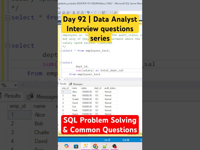 Day - 92 | Data Analyst Interview: SQL Problem Solving & Common Questions #azure  #sqltips #coding
