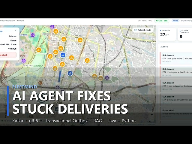 FleetMind — AI dispatch agent for a delivery fleet | Kafka, gRPC, Outbox, RAG (full demo)