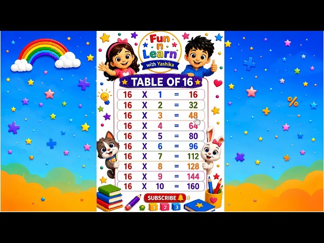 Multiplication Table of 16 🌈 | 16 Times Table for Kids | Fun n Learn with Yashika | learn tables