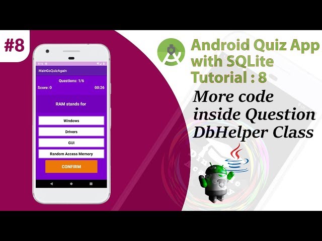 8. Multiple Choice Quiz App with SQLite Integration Part 8 - code  QuizDbHelper - Android Tutorial