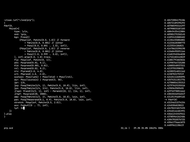 Recorded some prepared piano, then I did some "granular" synthesis in SuperCollider with that file.