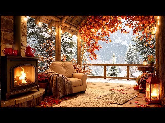 When Autumn Meets Winter 🍁❄️ | Cozy Cabin Fireplace & First Snowfall Ambience