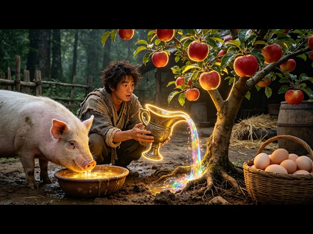 Apples and piglets grow in seconds! Man gets a dragon cauldron, blood boosts crop, win beauty!