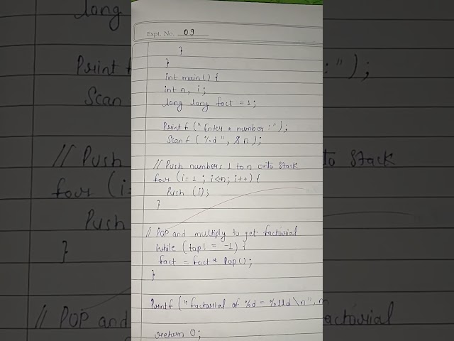 C++ program to calculate factorial of numbers using stack. #datastructure #c++ #notes