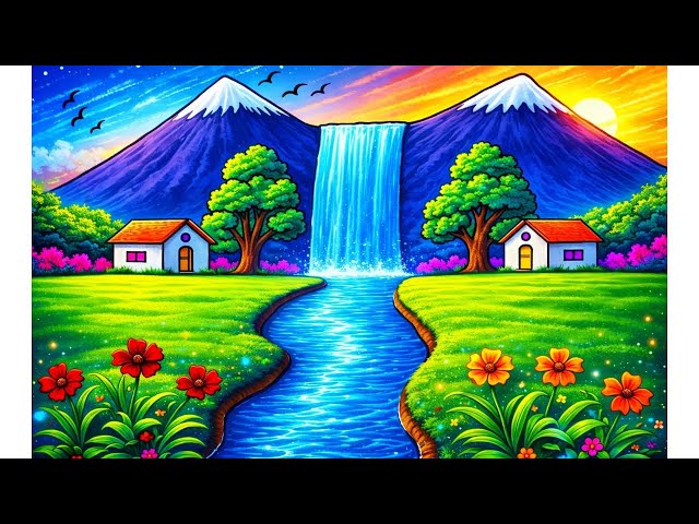 Easy waterfall scenery drawing | How to Draw Nature Scenery of Waterfall | Easy scenery drawing