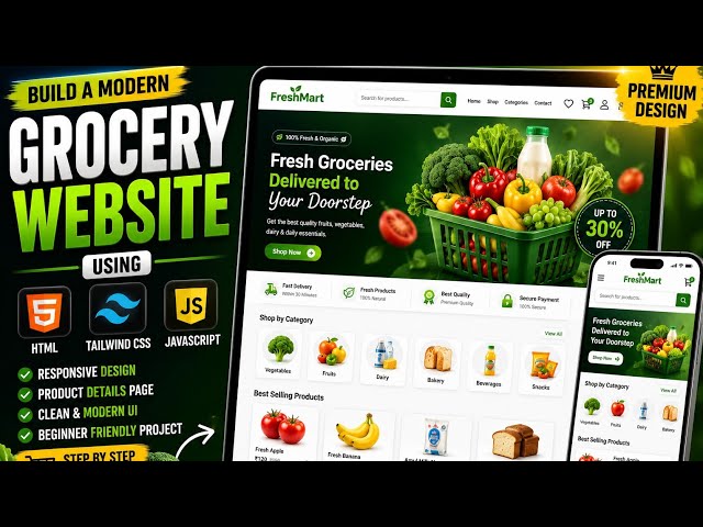 Build a Modern Grocery Website Using HTML, Tailwind CSS & JavaScript | Responsive Grocery app