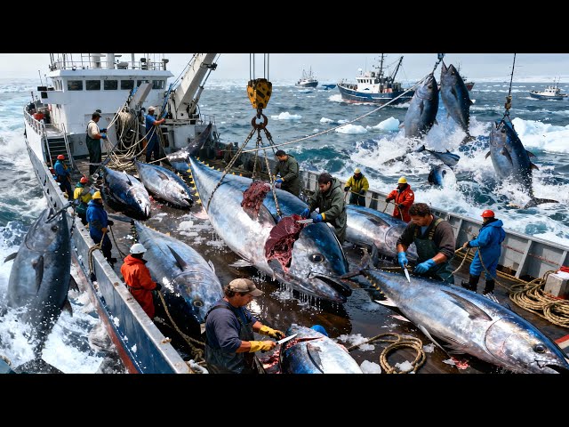 Unbelievable Giant Tuna Catch – Longline Fishing and Incredible Processing at Sea