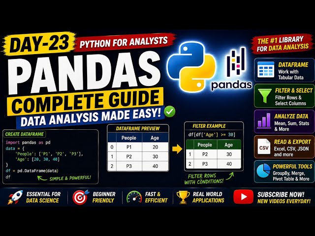 Day-23 Python Pandas Tutorial for Beginners | DataFrame, CSV, Excel & Filtering | Complete Guide 🚀