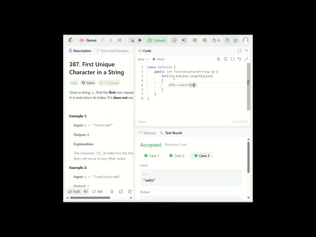First Unique Character in  String |LeetCode 387|Java String Approach #coding #java  #programming
