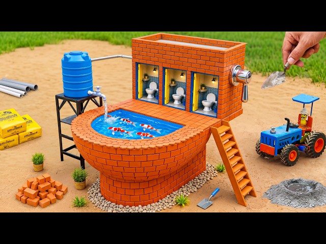 DIY Mini Tractor Builds Giant Toilet-Shaped Fish Pool with Water Supply | Science Project