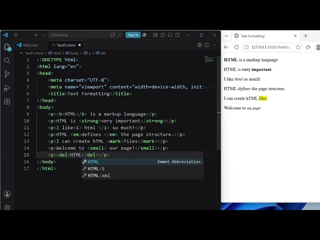 HTML Formatting Tags in Visual Studio Code