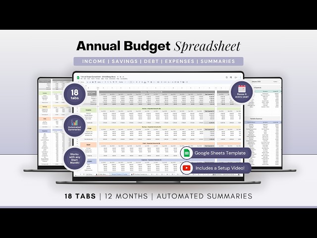 Annual Budget Spreadsheet - Income, Savings, Debt, Expenses - Google Sheets Budget Planner Template