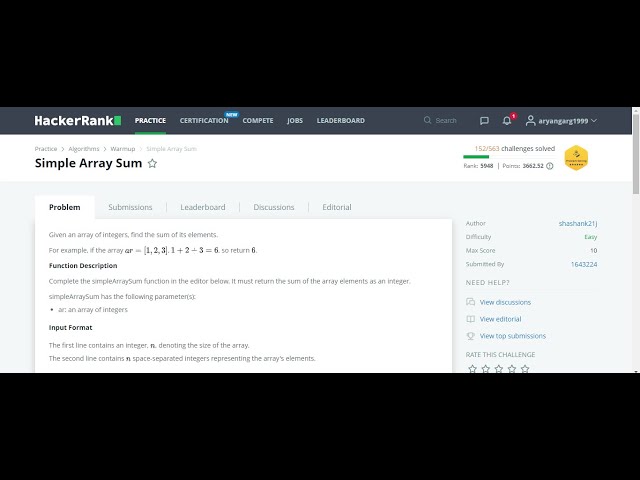 HackerRank | Simple Array Sum | Problem Solving | Basic | C++ |