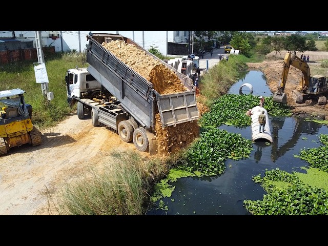 First Start Amazing PROJECT!! Landfill Delete Drain System in canal Use D31A Bulldozer & 5Ton Truck.