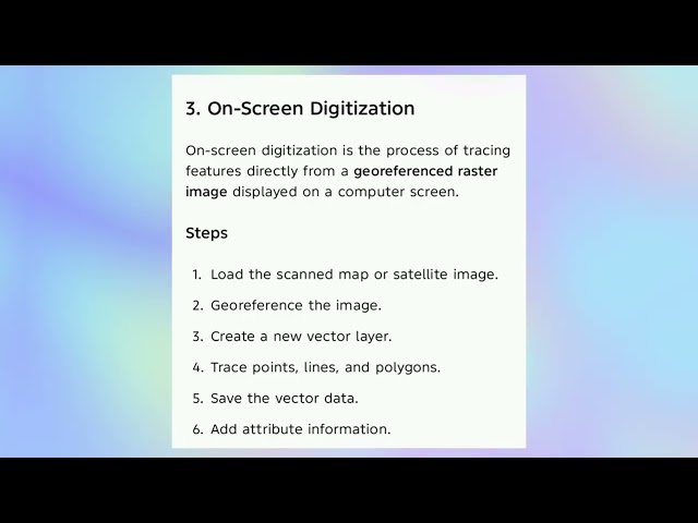 GI25401 UNIT 4 Scannerraster data input Vector data input and on-screen digitization –Georeferencing
