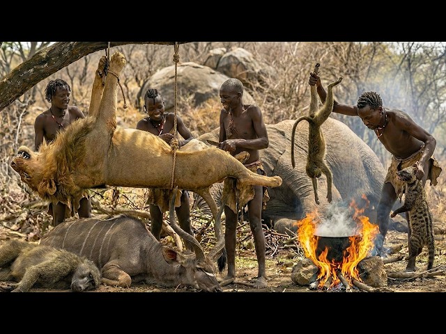 The Hadzabe tribe survives using primitive skills: Facing lions during hunting expeditions in Africa