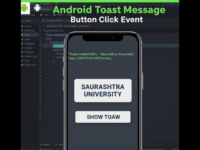 an Android app that allows users to toast (message) "Saurashtra University" by clicking on a button.