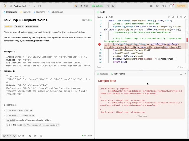 "Top K Frequent Words" problem from LeetCode using Java 8 streams and functional programming.