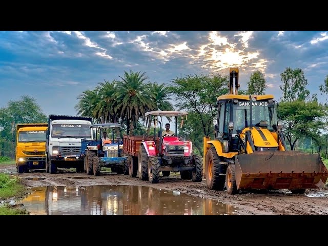 JCB 3DX Backhoe Machine Mud Loading | Mahindra & Swaraj Tractor  Trolley vs TATA Dump Truck |