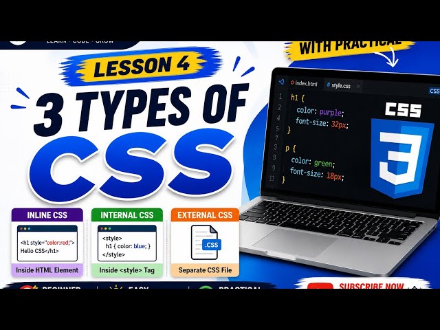 CSS Types Explained | Inline CSS, Internal CSS & External CSS l Lesson 4