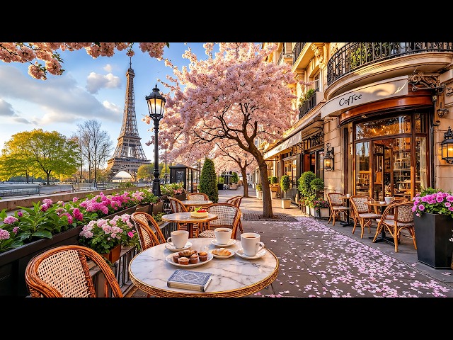Cherry Blossom Morning Jazz in Paris ☕ Street Café Ambience & Relaxing Jazz Music for Study & Work
