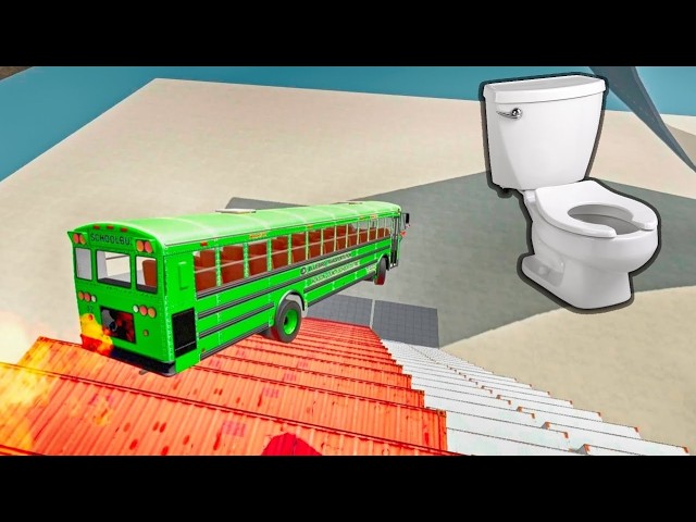 BeamNG Drive – School Bus Jumps Down Massive Stairs | Extreme USA Bus Crash Physics