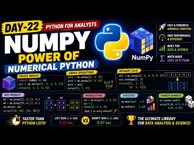 Day 22 | NumPy in Python Complete Tutorial 🔥 | Arrays, Reshape, Broadcasting, Matrix & Speed Test |