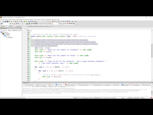 Converting a Transpose Matrix to Use Vectors and a Class - C++ - ENGR2304