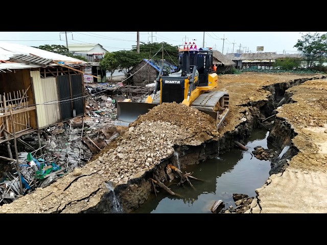Amazing Landfill Task Using Shantui DH17C3 Dozer Push Stone into Flood Block with Dump Truck