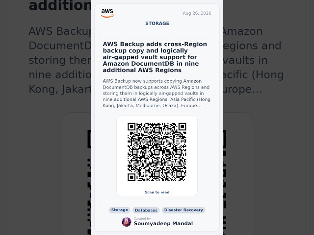 AWS Backup for DocumentDB Adds Air Gapped Vaults in 9 Regions #Shorts
